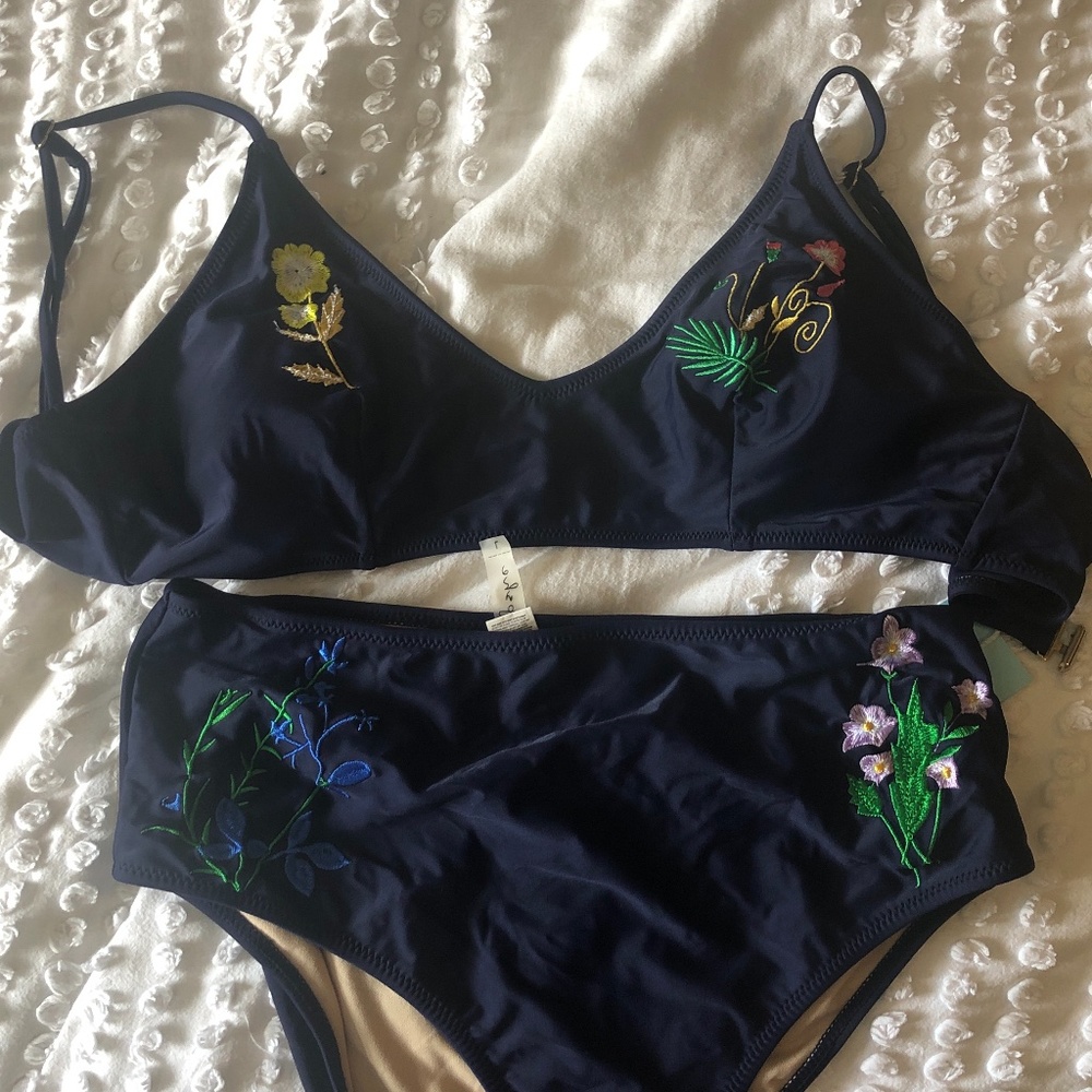 Embroidered high waisted two piece swimsuit